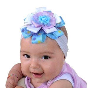 Baby Headband, Girl's Hairband White, Blue & Lavander with Blue Rose